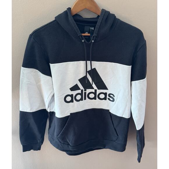 Adidas Sweater Small Black White Hoodie Pockets Pullover Drawstring - Picture 1 of 3